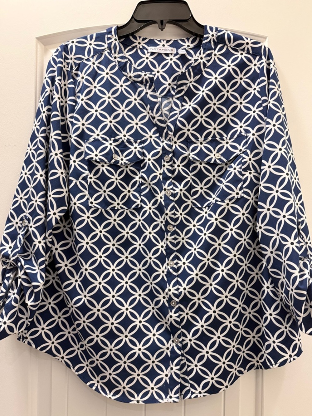 Notations Navy White Circular Chain Print Button-Up Blouse